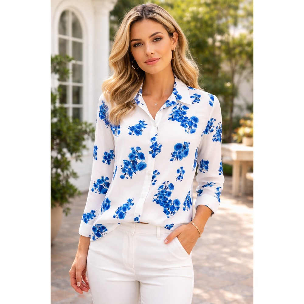 Baldwin BLDWN Kansas City 100% Silk White‎ Blue Floral 100% Silk Blouse Womens L